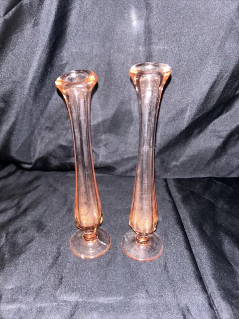 Pair Vintage Pink Glass Stretch Bud Vases Pedestal Base 8.5 in Tall Etched MCM