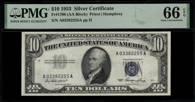 1953 $10 Silver Certificate FR-1706 - Graded PMG 66 EPQ Gem Uncirculated