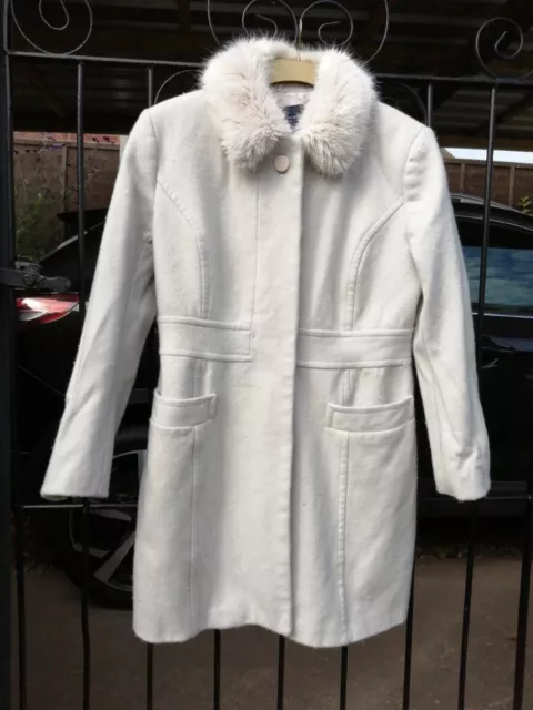 French Connection women's coat size 10 12 WOOL CASHMERE Faux Fur Collar #Defect#