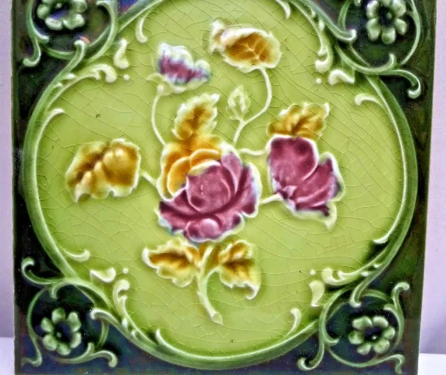 Antique Tile Majolica Art Nouveau England Rose Purple Architecture Floral #117 2