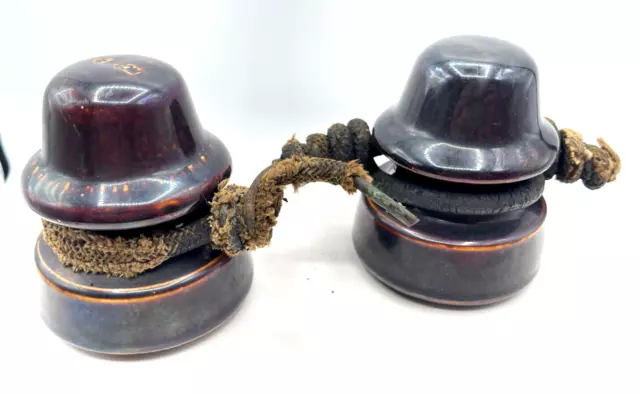 Lot 2 Vintage Brown Porcelain Ceramic Telephone Insulator 4" Antique w/wires