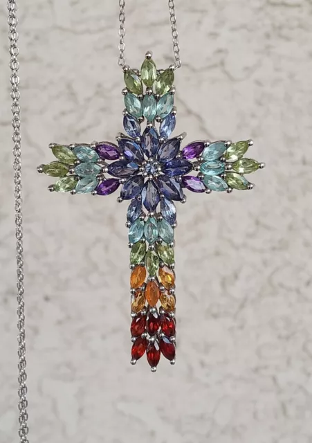 EXOTIC MULTI GEMSTONE 8.25ctw CROSS PENDANT WITH CHAIN STERLING SILVER SHOPLC