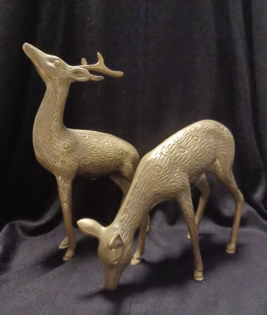 Solid Brass Deer Pair Set (2) Buck/Stag & Doe 10" Tall ~ Vintage Mid-Century Mod