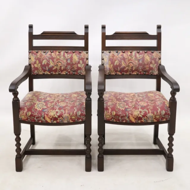 2 Old Charm Carver Dining Chairs Tudor Brown Studded Upholstery FREE UK Delivery