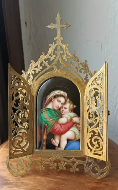 19th Century French Bronze and Hand Painted Porcelain "Madonna & Child" Triptych