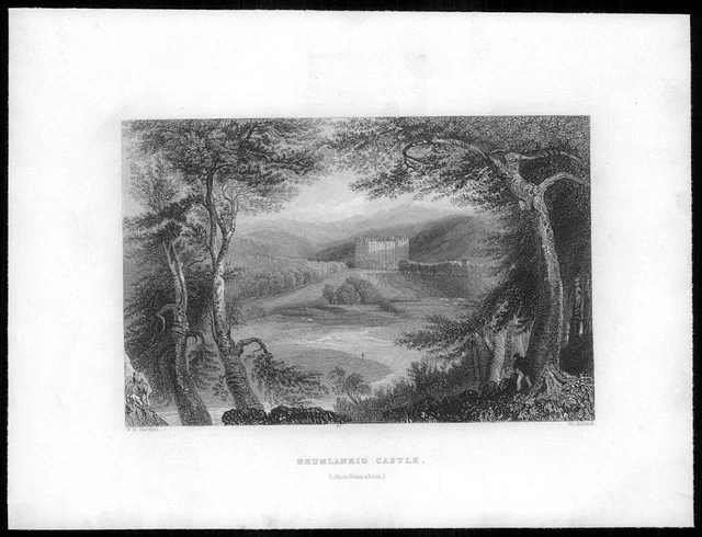 1840 Original Antique Print SCOTLAND - DRUMLANRIG Castle Dumfriesshire (3CS-146)