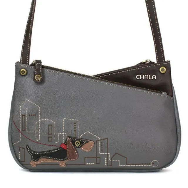 Nwt Chala Gray Black Weiner Dog Criss Crossbody Tote Bag Purse Faux Leather