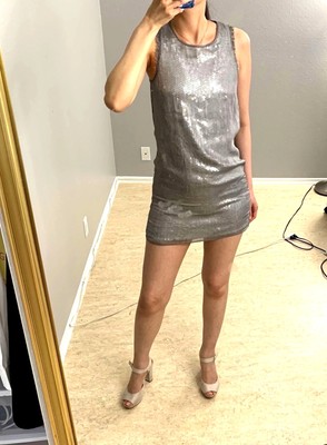 Alice and Olivia Silver Sequin Crew Neck Silk Shift Mini Dress