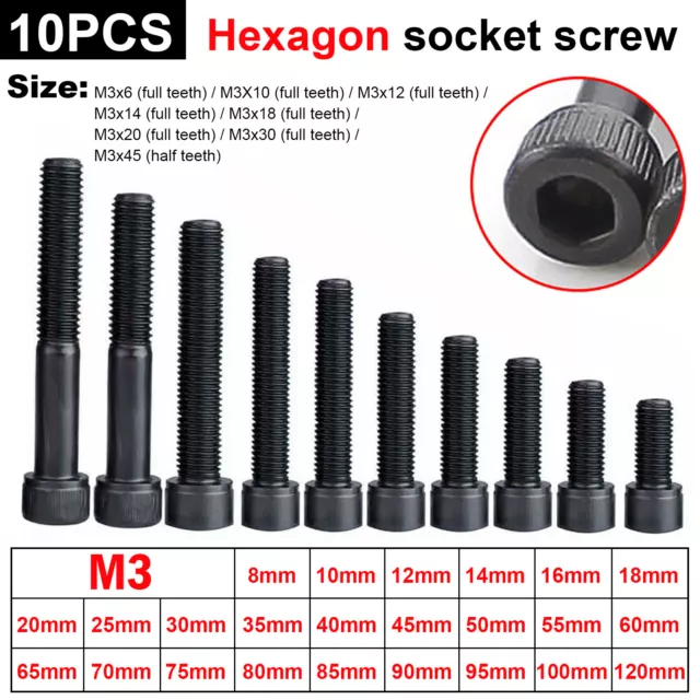 10~100PC M3 Hex Socket Cap Head Screws Bolts 12.9 Grade Alloy Steel DIN912 Black