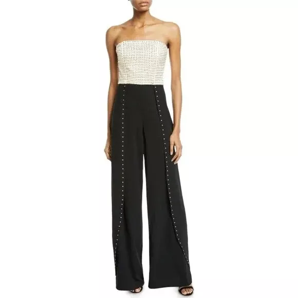 NEW ALICE & OLIVIA Angelica Studded Embellished Off White Black Bustier Jumpsuit