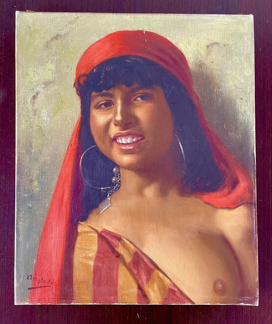 Grand Tableau Orientaliste Portrait Jeune Femme Signé - Huile Sur Toile, Encadré, Bon état Général