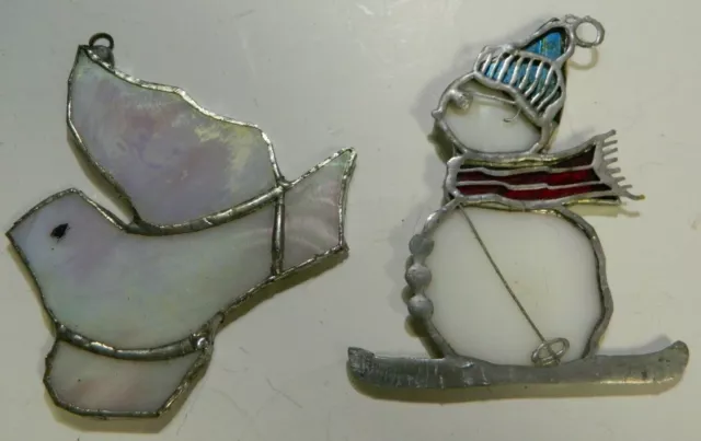 Handcrafted Leaded Stained Slag Glass Dove & Skiing Snowman Ornaments Excellent