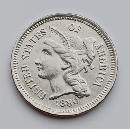 USA United States 1880  3 Cent Nickel, Original Size. Contemporary