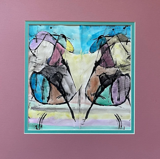 VINTAGE FRAMED ABSTRACT Shapes Figures Watercolor Painting Modern Wall