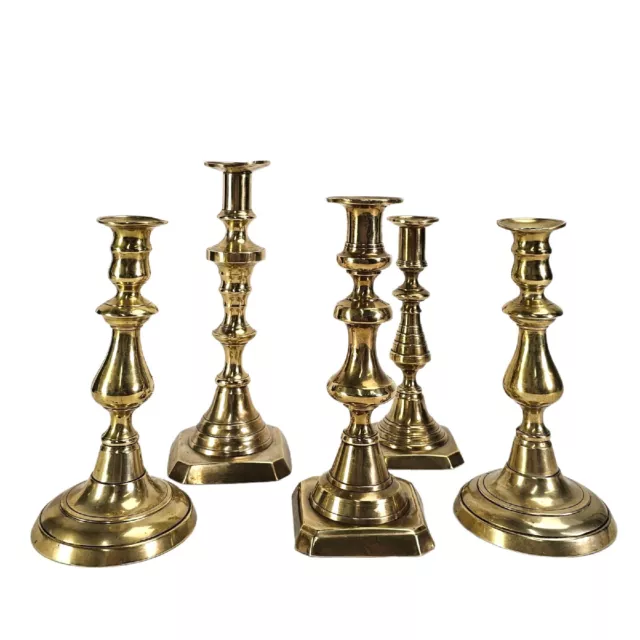 Antique 19th Century English Brass Candlesticks Assemblage  - Set of 5