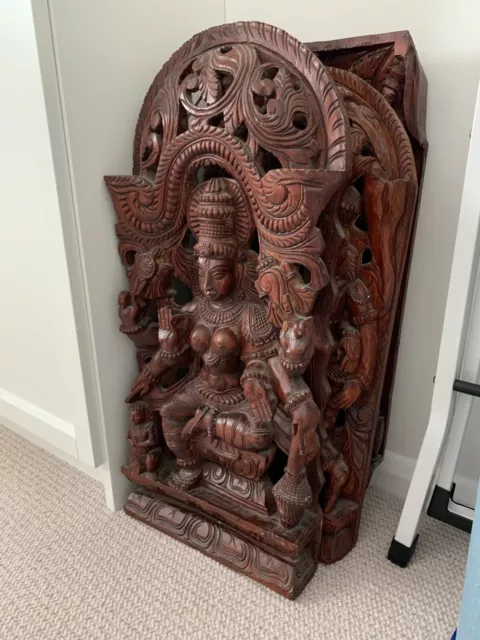 Vintage Indian carved 3 wooden panels, gods/goddesses in a dark wood finish