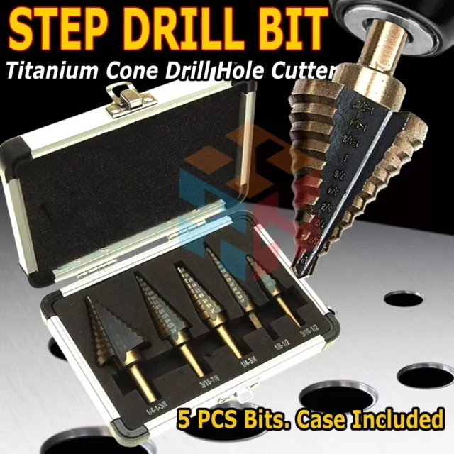 HSS 5PCS Titanium Step Drill Bit Set W Automatic Center Punch High Speed Steel