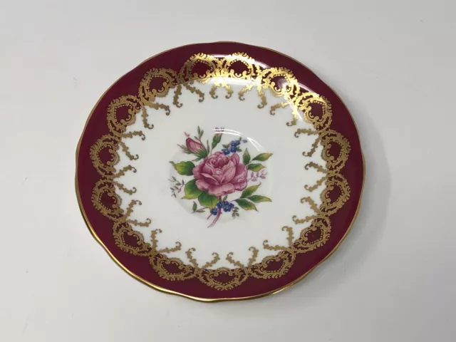 Aynsley 2146 Burgundy Red Gold Trim Pink Cabbage Rose Tea Cup Saucer