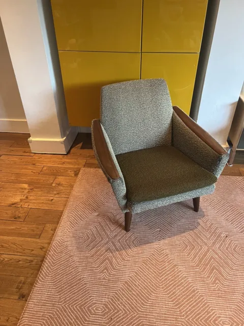 Vintage Scandinavian Green & Grey Wool and Teak Armchair Midcentury Chair 1960s
