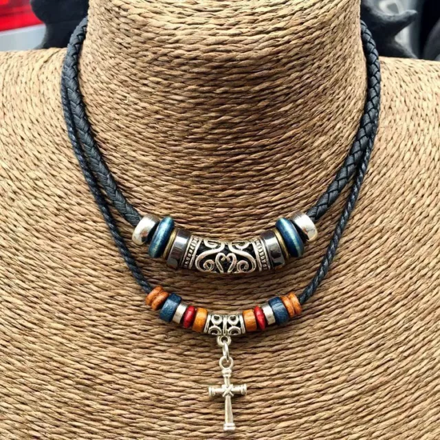 Adjustable Ethnic Hemp Leather Wood Beads Beaded Choker Necklace Cross Pendant