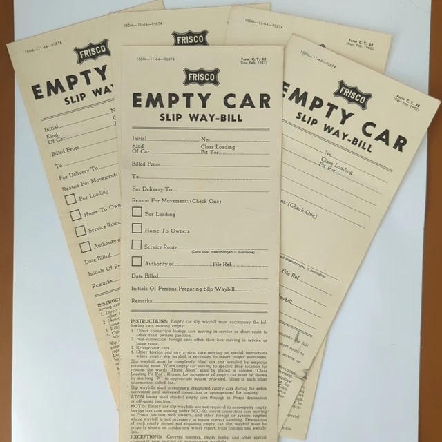FRISCO RAILROAD 5 Vintage Empty Car Slip Way-Bill Individual Forms 1962
