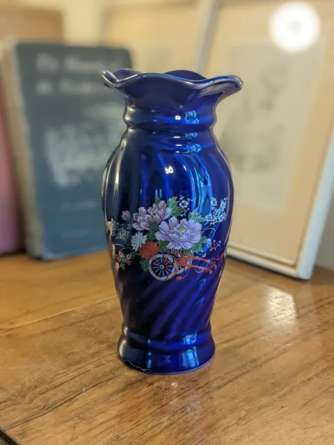 Vintage Japanese Ceramic Cobalt Blue & Gold Gilt Rishka Cart & Flowers Bud Vase