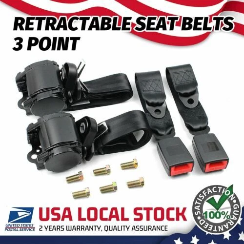2 Set 3 Point Black Car Seat Belt Retractable Safety Travel Belt Adjustable new