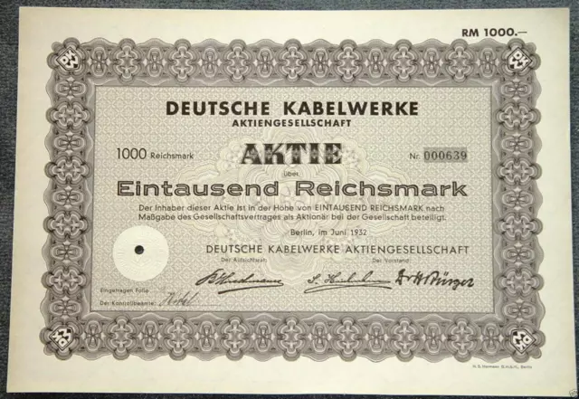 Deutsche Kabelwerke Aktiengesellschaft 1932 1000 RM