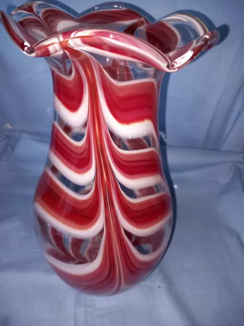 Murano Style 34cm Heavy Glass Vase Red White Clear - Pulled Feather- Flared Top