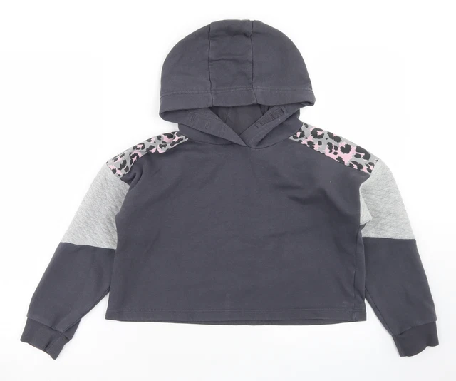 NEXT Girls Grey Colourblock Cotton Pullover Hoodie Size 11 Years   - Cropped