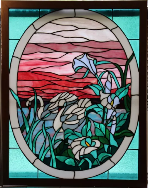 Vintage Swans Stained Art Glass Window - 33.6" x 26.5" - Framed hanging