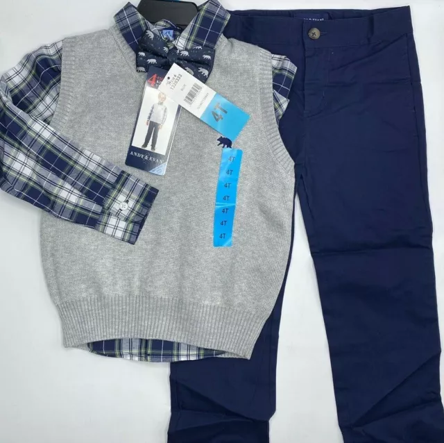 Boys Size 4T Andy & Evan 4-Piece Set Pants Sweater Vest Outfit Shirt Tie Blue