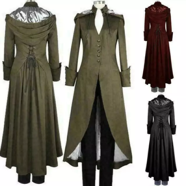 Mens Women Steampunk Military Coat Jacket Long Medieval Gothic Hooded Uniform