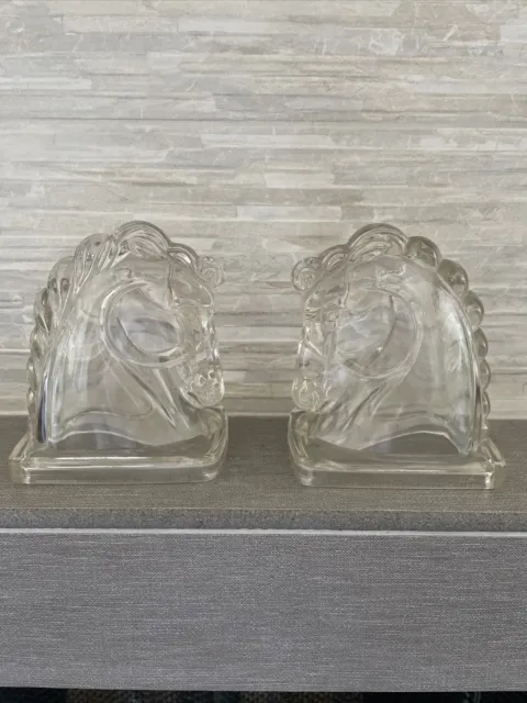 Pair of 2 Vintage Federal Clear Glass Horse Head Bookends - 5.5"