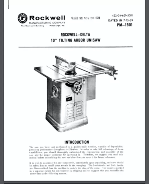 Rockwell Delta 10 inch Tilting Arbor Table Saw 1969 owner Parts manual 10 pgs