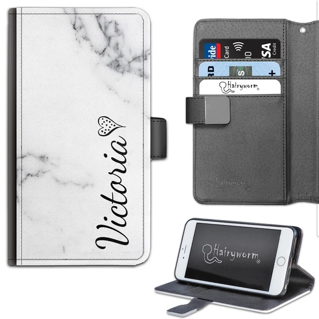 Personnalisé Noir Nom Sur Gris Marbre PU Portefeuille Cuir Téléphone Étui