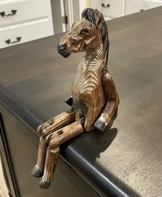 VINTAGE FOLK ART Wooden Carved 11" Horse Articulated Jointed Shelf