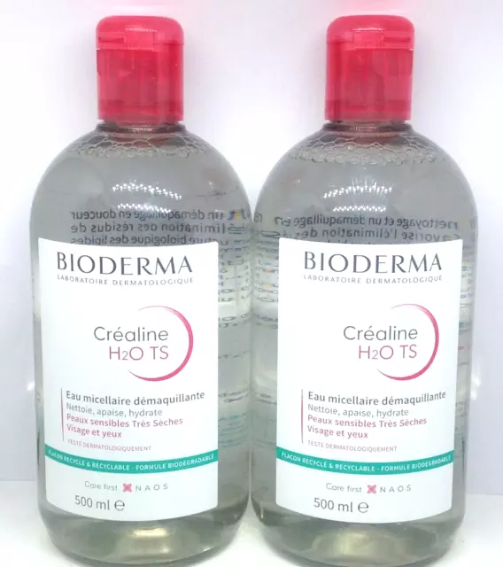 BIODERMA LOT X2 créaline H2O TS eau micellaire démaquillante 500ml peaux sèches