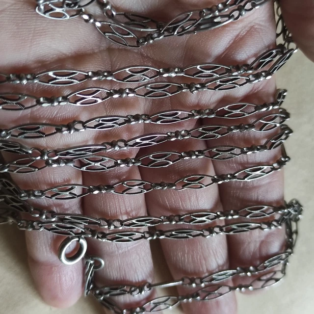 Collier Sautoir Chaîne En Argent Massif 925 – Style Art Nouveau/Déco, Poinçon Sanglier, Vintage