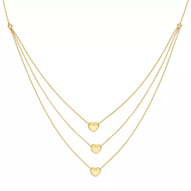 Adjustable Triple Strand Puffed Heart Chain Necklace Real 14K Yellow Gold 18"