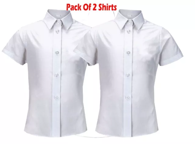 2 Pack Girls Shirt Blouse Top White School Uniform Short Sleeve 3-16 yrs 26"-48"