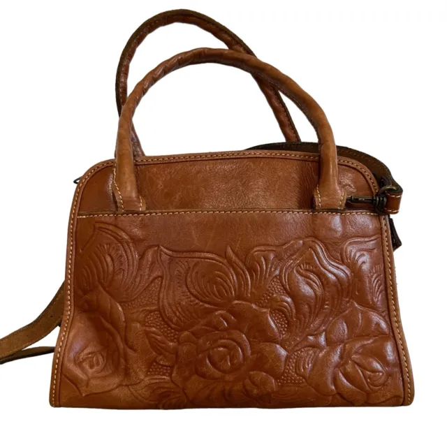 Patricia Nash Tooled Leather Satchel Shoulder Crossbody Bag Brown