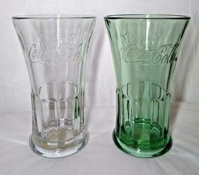 2 Coca Cola Libbey (1 Green 1 Clear) Glass Heavy Weight Fluted Glasses