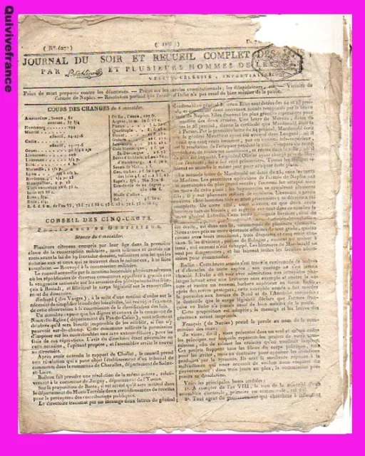 Journal Du Soir & Receuil Des Lois -7 Messidor An Vii