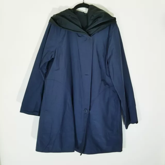 Eileen Fisher Reversible Double Breasted Jacket Rain Coat Size Large Blue Black