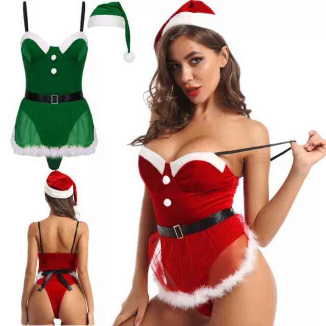 Damen Sexy Miss Santa Weihnachtsfrau Cosplay Kostüm Set Body Dessous Reizwäsche