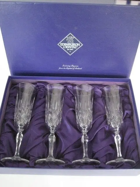 Boxed Set Of 4 Edinburgh Crystal Holyrood ? Design Champagne Flute Glass Footed