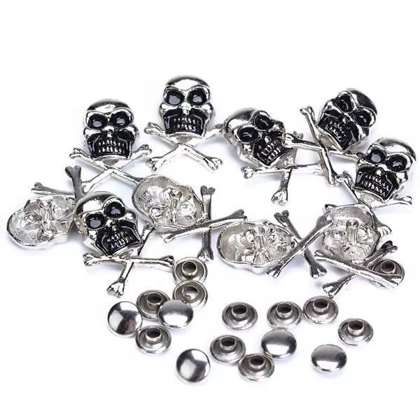 Set of 10 Skull Studs with Leather Eyelet Rivets