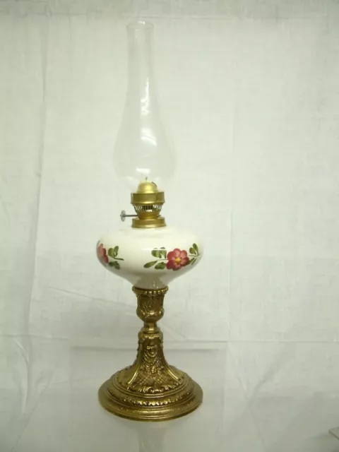 Petroleum Lampe Messing Fuß Keramik Blumen Glas Zylinder Brenner Docht Tischlamp