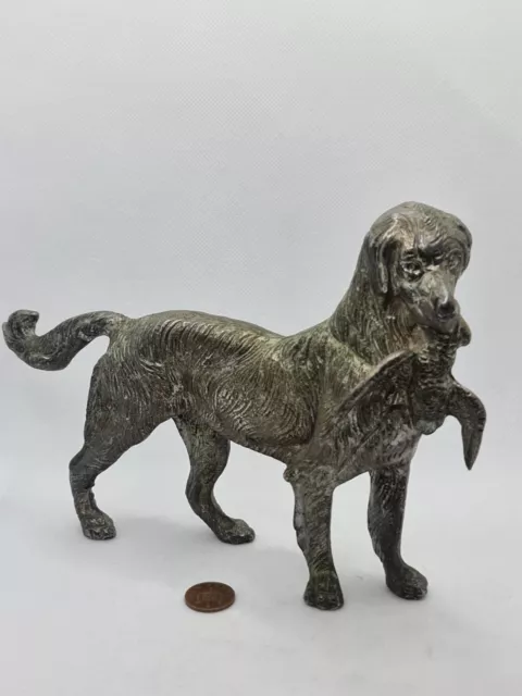 Vintage Solid Metal Hunting Dog With Pheasant Figurine Statue Setter Retriver